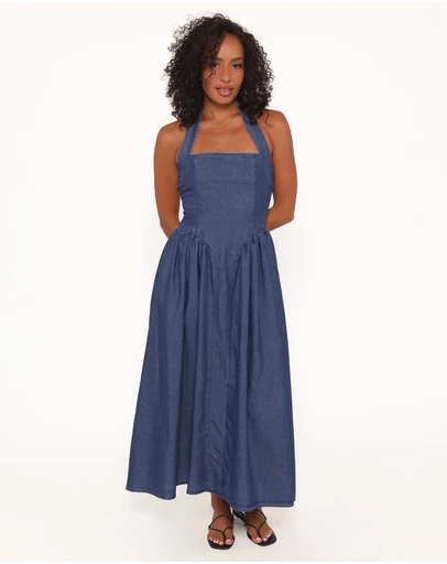Petal & Pup - Milford Halterneck Midi Dress - Dark Denim
