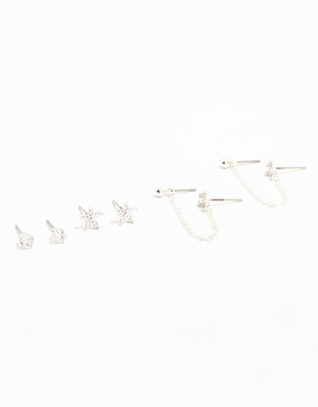 Lovisa - Silver Plated Brass Flower & Chain Earrings 3-Pack
