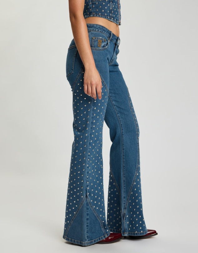 ONE TEASPOON - Chrome Edge Mid Waist Flared Studded Denim Jeans - Eclipse Blue