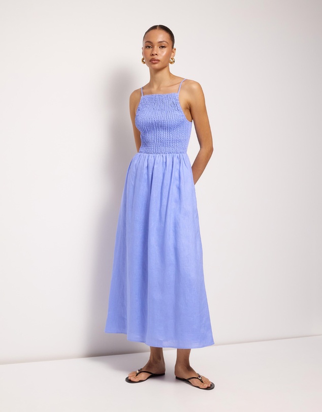 AERE - Olie Shirred Linen Midi Dress