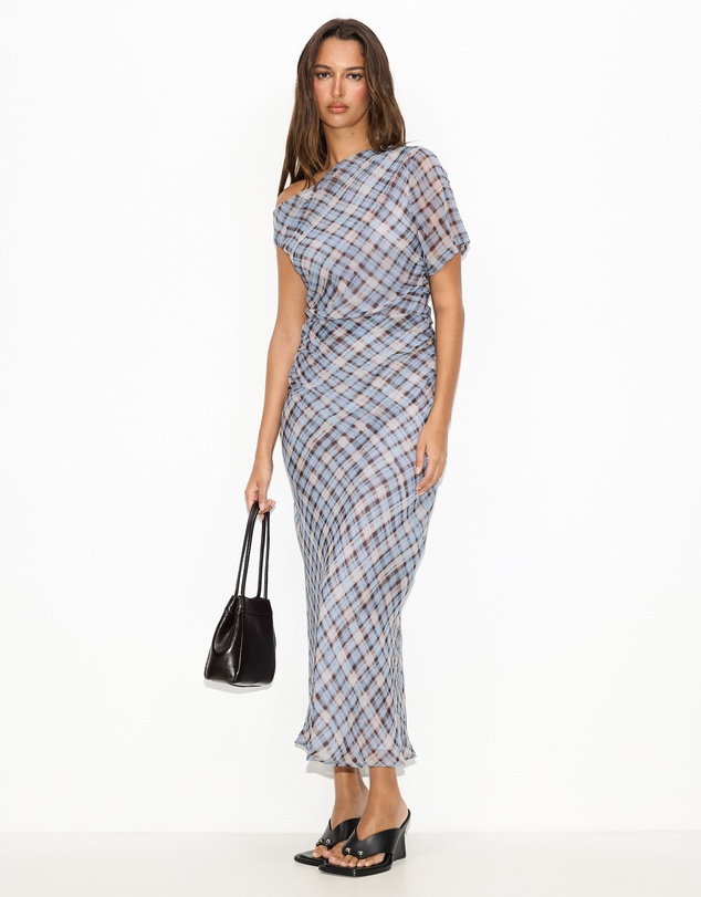 Dazie - Afloat Check Asymmetric Maxi Dress