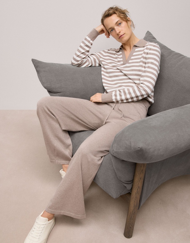 Trenery - Cotton Cashmere Stripe Knit Polo in Cinder
