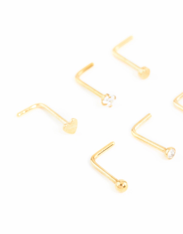 Lovisa - Gold Plated Surgical Steel Heart Cubic Zirconia Nose Studs 6-Pack