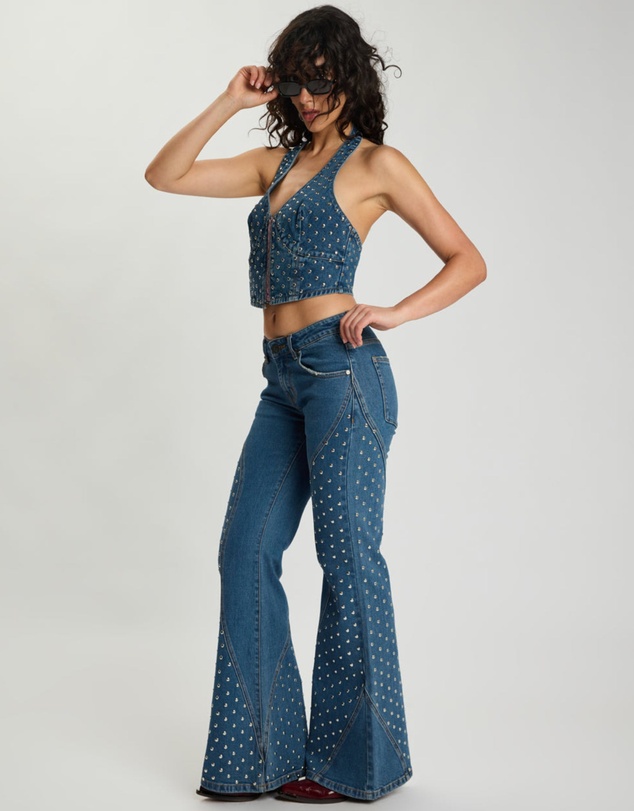 ONE TEASPOON - Chrome Edge Mid Waist Flared Studded Denim Jeans - Eclipse Blue