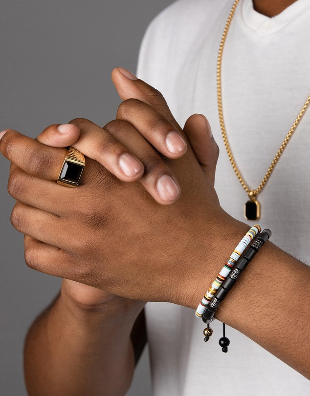 Nialaya Jewellery - Men's Golden Brick Signet Ring With Agate