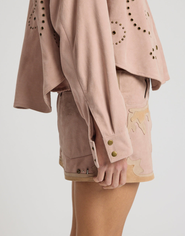 ONE TEASPOON - Rodeo Renegade Studded Applique Low Waist Mini Suede Skirt - Dusty Pink