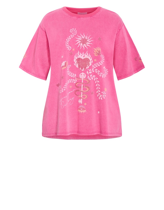 City Chic - Plus size Flaming Heart Cotton Tee - pink stone wash