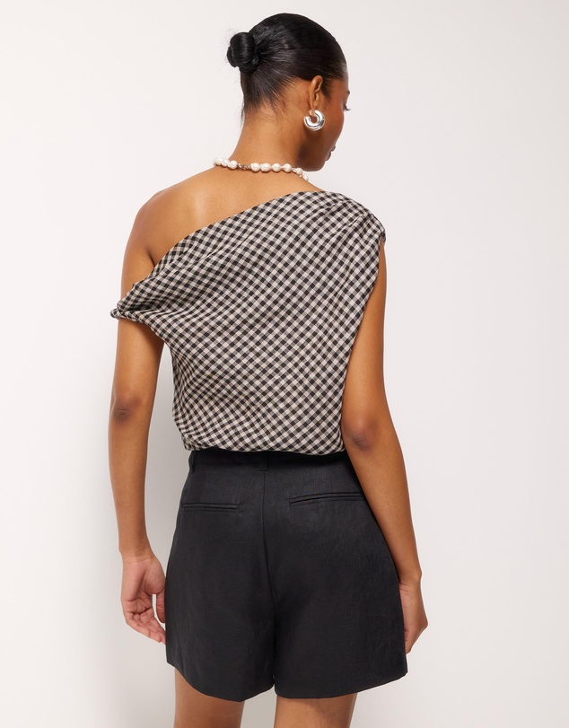 AERE - Isla Linen Gingham Off Shoulder Top