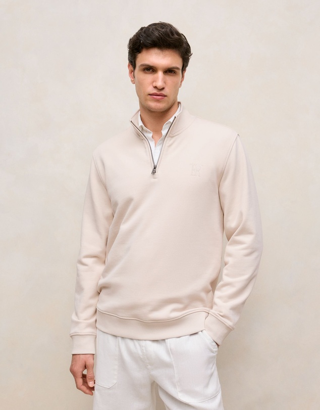 Trenery - Terry 1/4 Zip Monogram Sweat in Stone