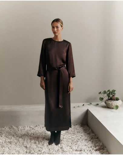 Trenery - Satin Belted Column Dress in Coffee Bean