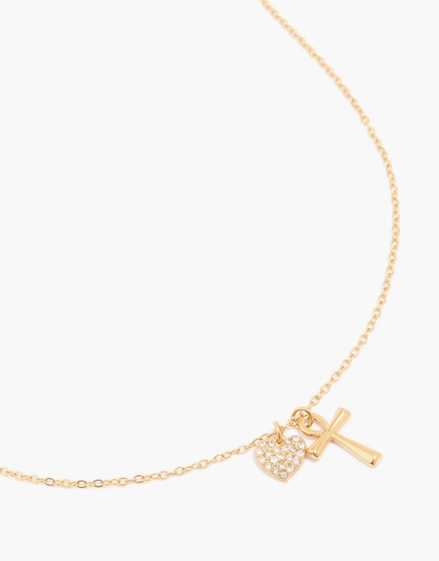 Lovisa - Waterproof Gold Plated Stainless Steel Cubic Zirconia Pave Cross & Heart Pendant Necklace