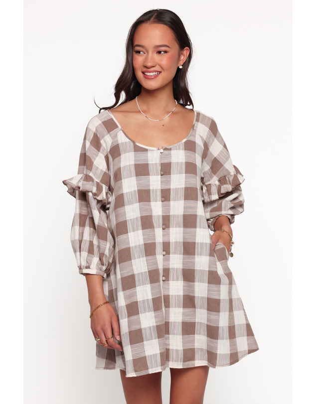 Petal & Pup - Shiloh Long Sleeve Mini Dress - Brown Gingham