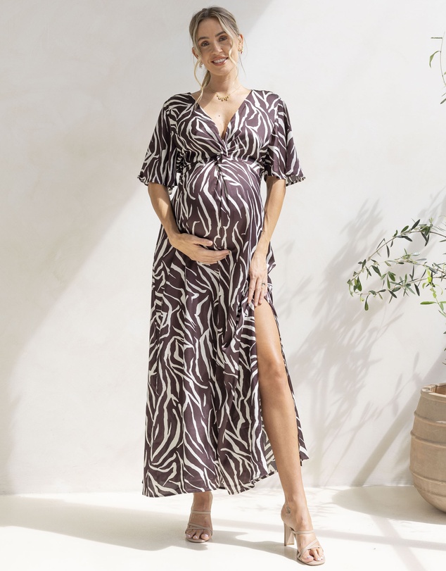 Angel Maternity - Margaux Maternity Evening Maxi Dress in Chocolate Zebra Print