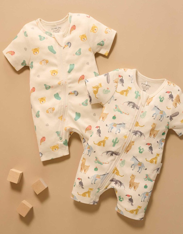 Purebaby - 2 Pack Short Sleeve Printed Growsuit -Babies