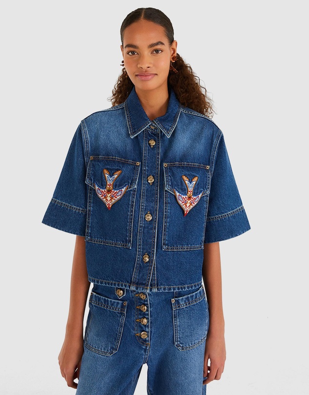 Farm Rio - Porcelain Birds Denim Shirt