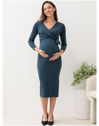 Angel Maternity - Lucille Knit Maternity Midi Dress in Dark Teal