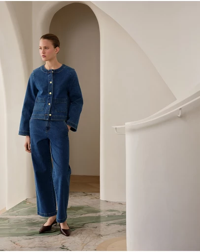 Trenery - Denim High Rise Tailored Pant in Mid Blue