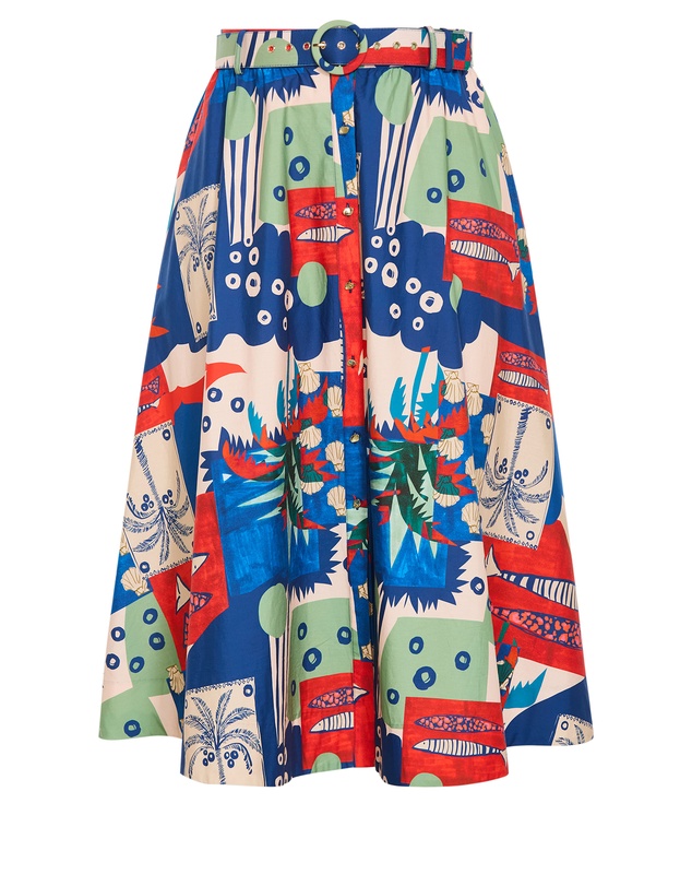 City Chic - Plus size Elysia Marine Print Belted Cotton Skirt - bone