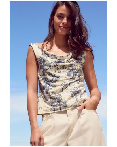 Ecru/ Blue Scenic Print