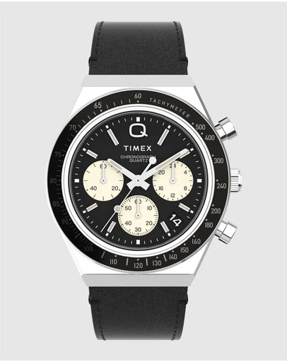 TIMEX - Timex Q Diver Chronograph 40mm Stainless Steel Case with Black Leather Strap