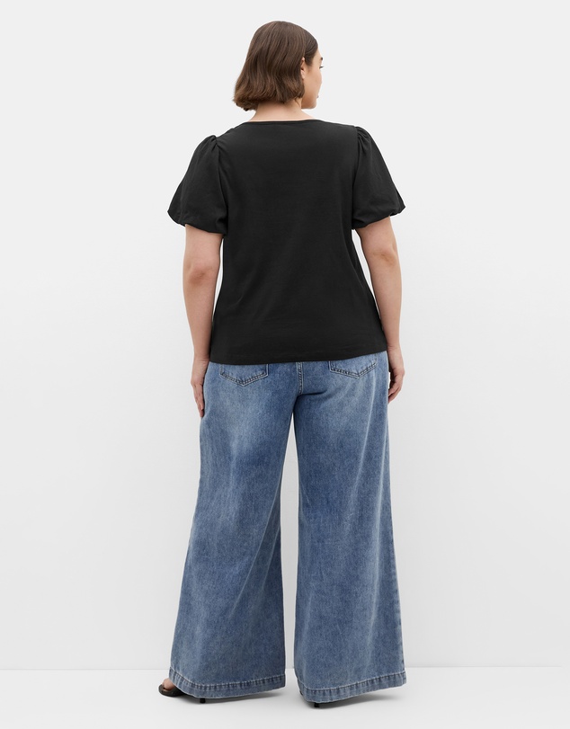 City Chic - Plus size Leona Puff Sleeve Cotton Top - black