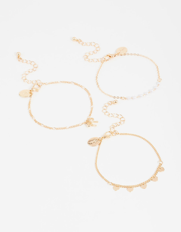 Lovisa - Gold Diamante Pearl Bow & Heart Bracelets 3-Pack