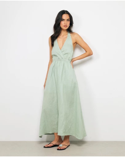 AERE - Bria Wrap Halter Linen Maxi Dress