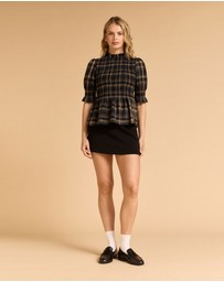 MVN - Plaid Shirring Short Sleeve Top