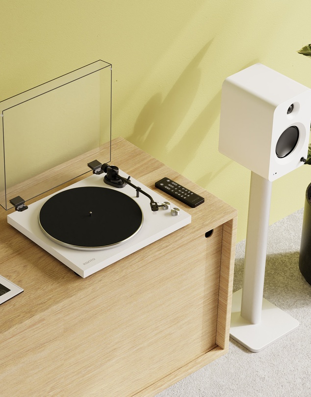 iWorld - Kanto OBI3 Turntable - Matte White with Kanto ORA 100W Powered Speakers - White Bundle