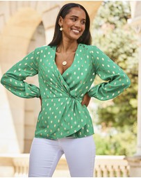 Sosandar - Metallic Fleck Print Blouson Sleeve Knot Front Top