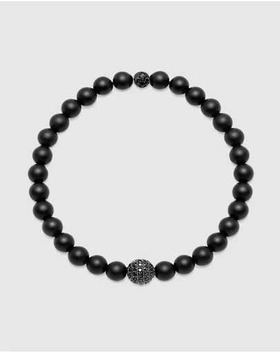 Nialaya Jewellery - Men's Wristband with Matte Onyx and Black CZ Diamond