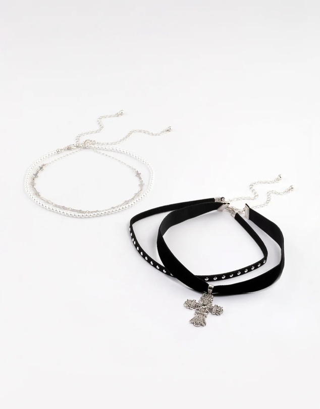 Lovisa - Silver Multi Cross Pearl Choker Pack