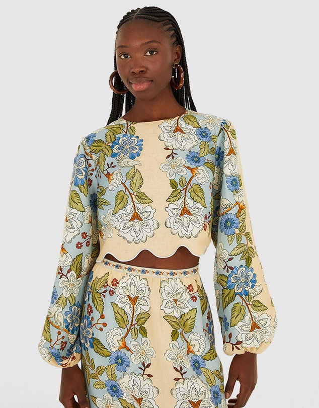 Farm Rio - Garden Scarf Blue Long Sleeve Blouse