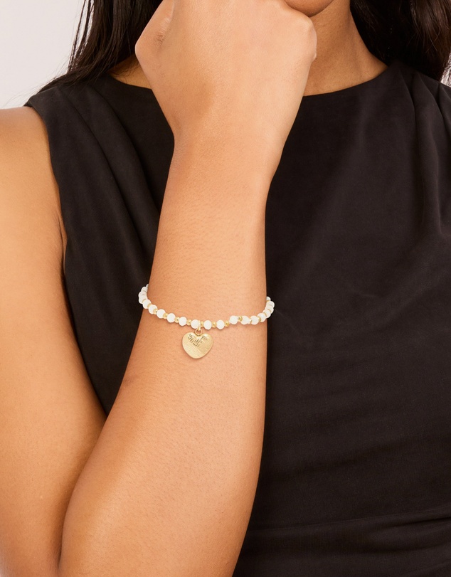 Lovisa - Waterproof Gold Plated Stainless Steel White Semi Precious Stone Heart Charm Stretch Bracelet