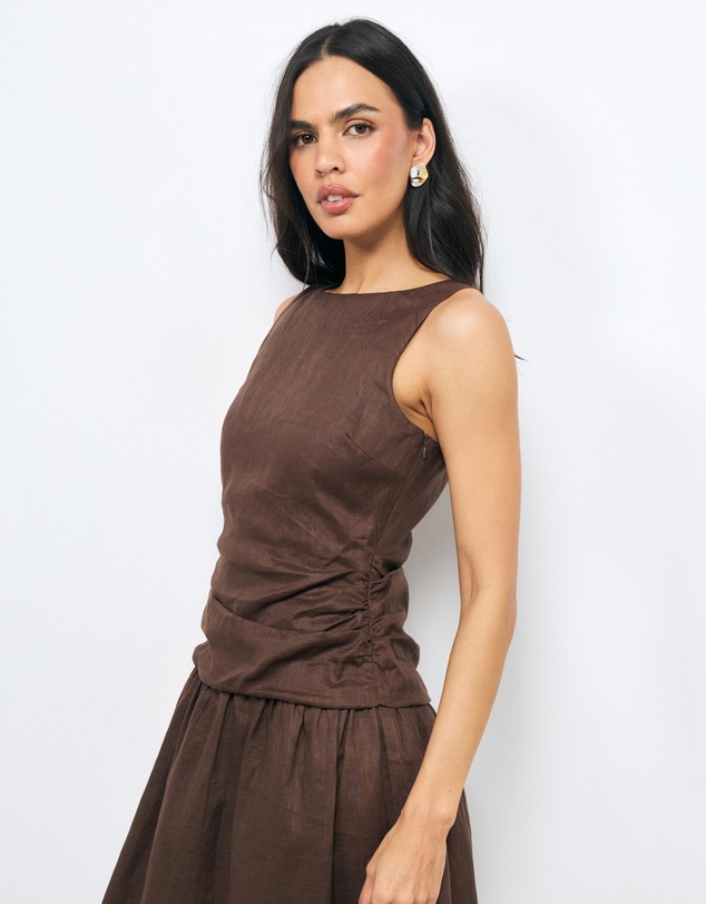 AERE - Eira Ruched Drop Waist Linen Maxi Dress