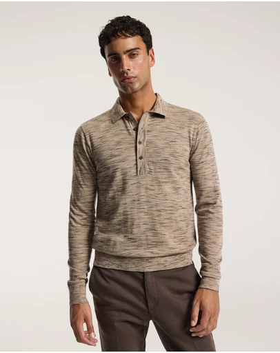 Calibre - Melange Merino Wool Long Sleeve Polo Flint