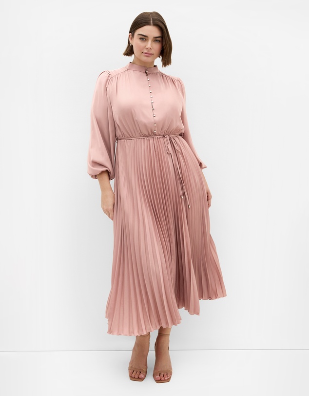 City Chic - Plus size Haley Long Sleeve Pleat Dress - dusty pink