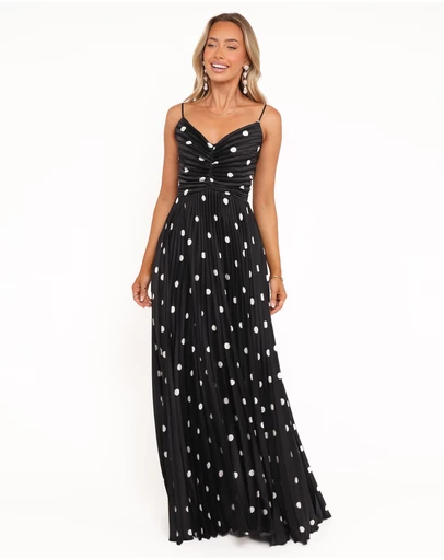 Petal & Pup - Naira Pleated Maxi Dress - Black Polka Dot