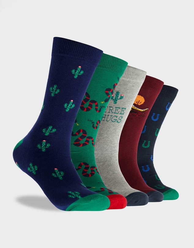 Mitch Dowd - Mens Frontier Follies Cotton Jacquard Crew Sock 5 Pack - Multi