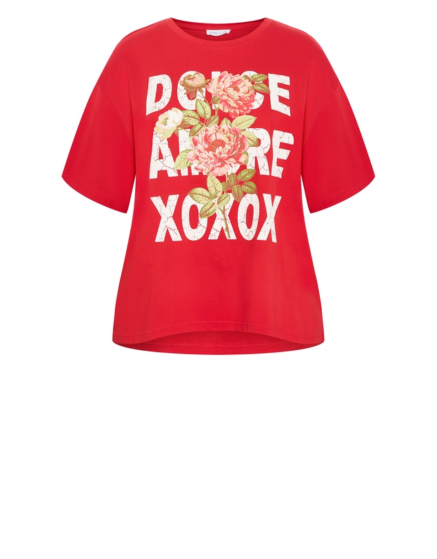 City Chic - Plus size Oversized Rose Print Tee - red