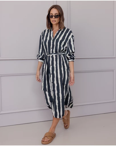 ALEXANDRA - Bantas Dress Navy Textured Stripe