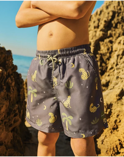 Skwosh - Leopard Nights Boys Swim Shorts in Charcoal