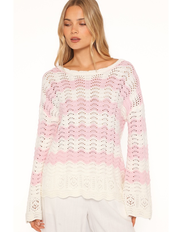 Petal & Pup - Corinna Pointelle Stitch Sweater - Pink White