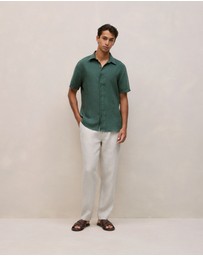 Trenery - Linen End On End Short Sleeve Shirt in Woodland Green