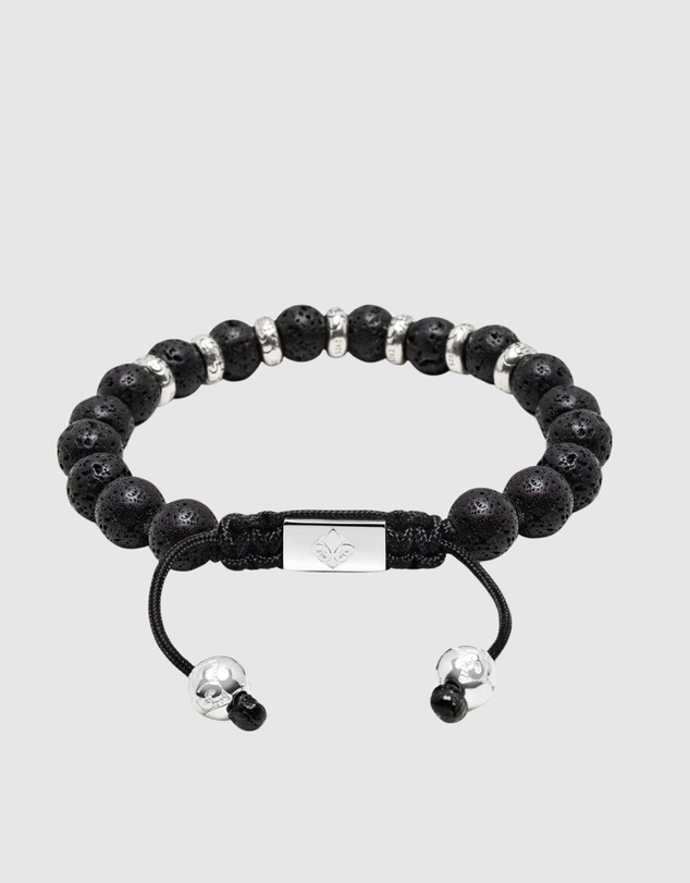 Nialaya Jewellery - Men's Sterling Silver Beaded Bracelet with Lava Stone