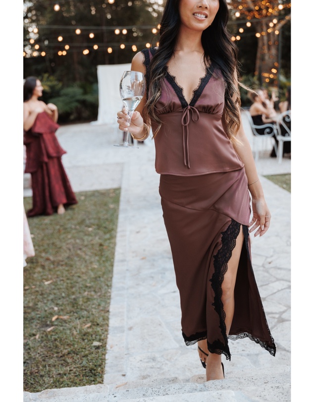 Petal & Pup - Theoni Slit Front Lace Trim Skirt - Brown