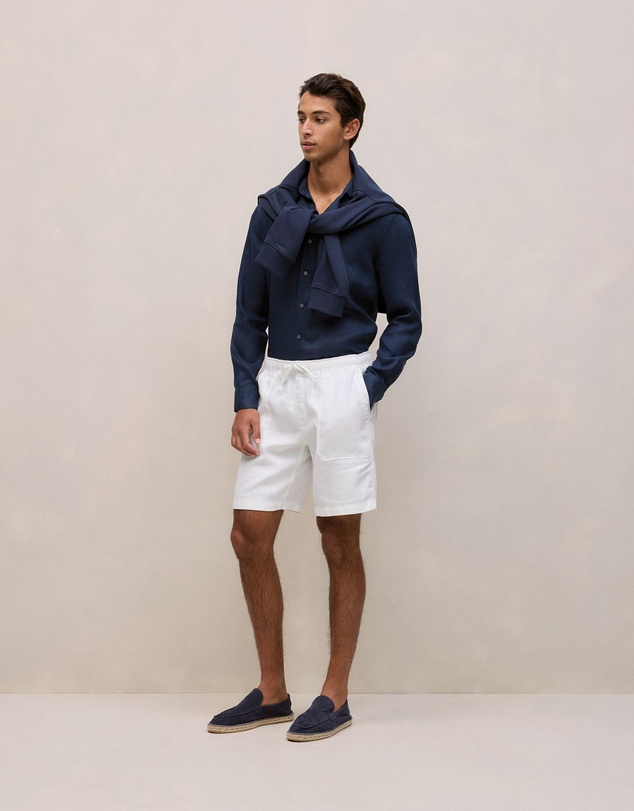 Trenery - Tailored Fit Linen Long Sleeve Shirt in Navy