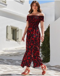 Sosandar - Floral Print Shirred Body Bardot Maxi Dress
