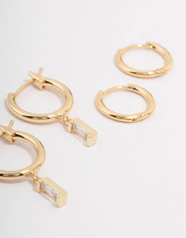 Lovisa - Gold Plated Brass Cubic Zirconia Baguette Hoop Earring 3-Pack