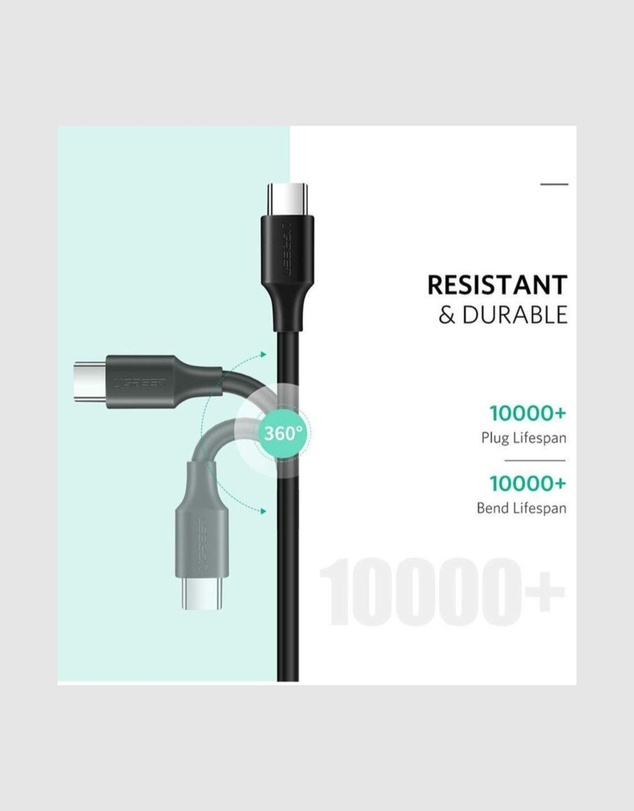 Ugreen - UGreen USB-C 2.0 Male to USB-C 2.0 Male Cable 1m Black 3A Fast Charging 480Mbps Data Transfer